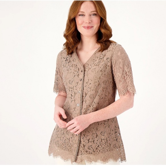Isaac Mizrahi Live! Women's Top Knit Lace Button-Front - Picture 1 of 3